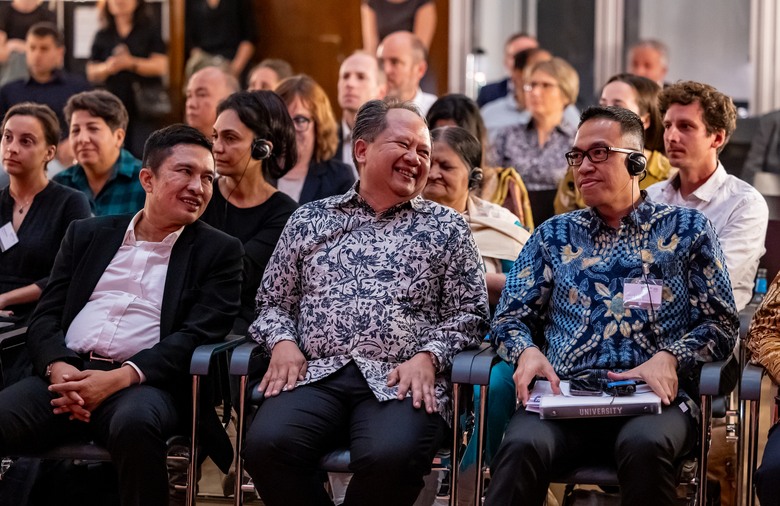 The deputy mayor of Padang with the Indonesian vice ambassador and cultural attaché, sitting in the front row of the auditorium.
